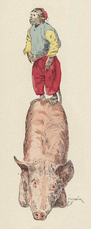 Macaco montado num porco (cor litho) de Jules Arsene (after) Garnier