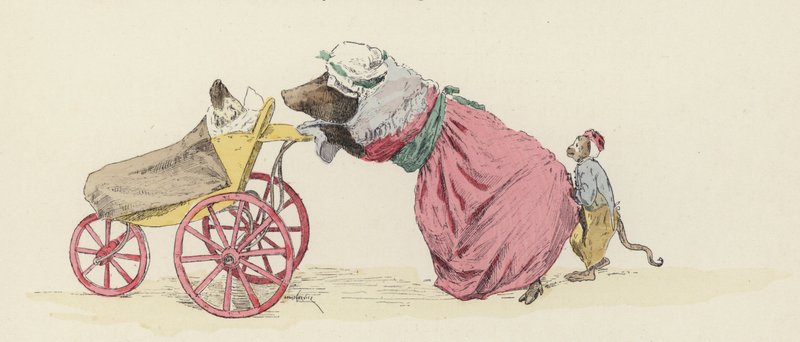 Porco empurrando um cão num carrinho, com um macaco atrás (cor litho) de Jules Arsene (after) Garnier