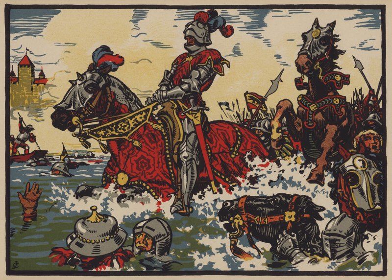 Vitória dos suíços sobre os borgonheses na Batalha de Morat, 22 de Junho de 1476 (cor litho) de Jules Courvoisier