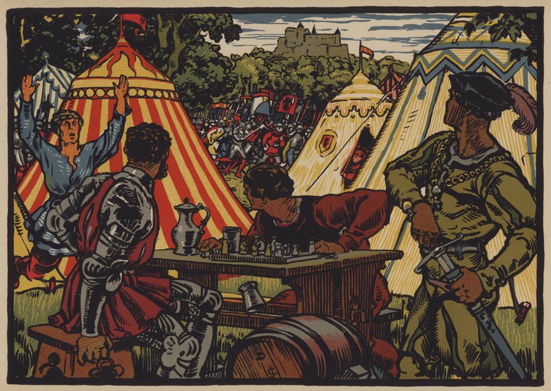 Vitória dos suíços sobre o Sacro Império Romano na Batalha de Dornach, 22 de Julho de 1499 (cor litho) de Jules Courvoisier