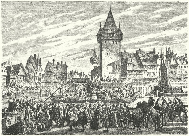 O Hirsebreifahrt, transporte de uma carga de painço por barco de Zurique para o aliado da cidade, Estrasburgo de Jules Theophile (after) Schuler