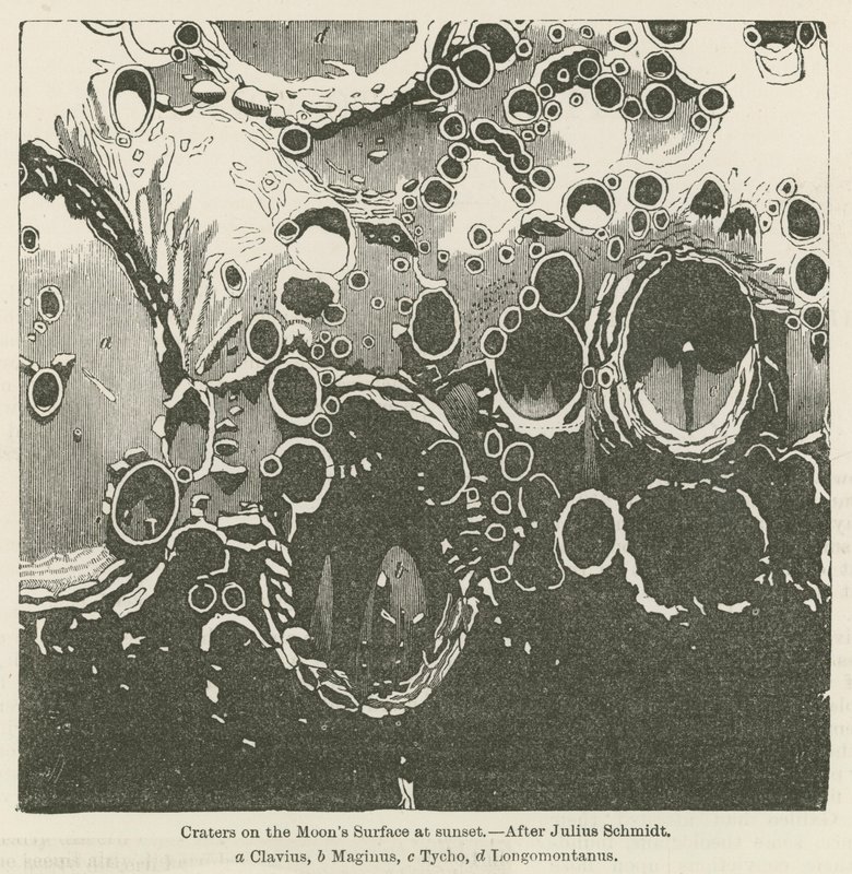 Crateras, ligado, a, luas, superfície, em, pôr do sol, gravura de Julius or Jules Schmidt