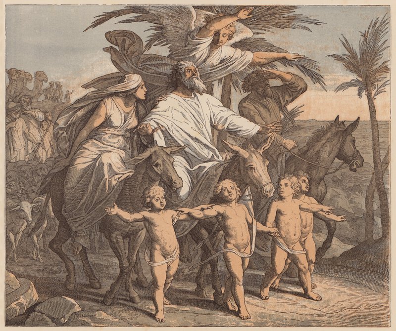 Abraão contemplando a Terra Prometida, Génesis, XII, 7 (gravura a cores) de Julius (after) Schnorr von Carolsfeld