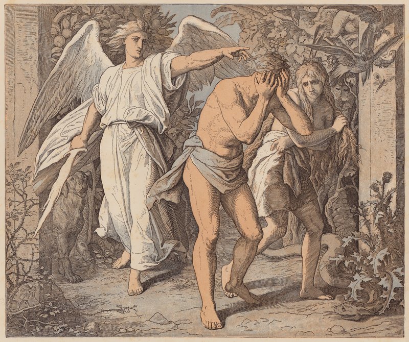 Adão e Eva expulsos do Paraíso, Génesis, III, 23, 24 (gravura a cores) de Julius (after) Schnorr von Carolsfeld