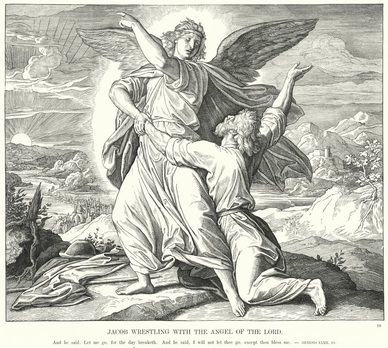 Jacob Wrestling with the Angel of the Lord (gravura) de Julius (after) Schnorr von Carolsfeld