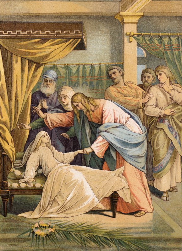 Jesus e a filha de Jairo (litografia a cores) de Julius (after) Schnorr von Carolsfeld
