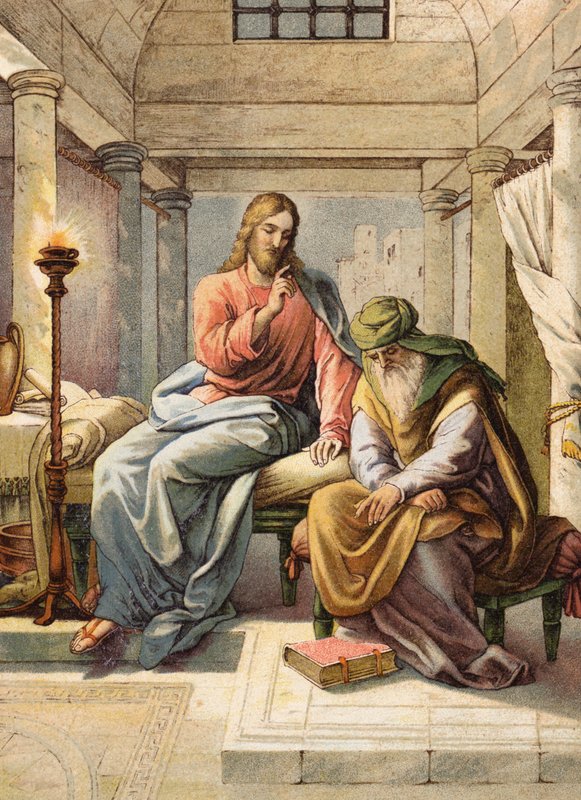 Jesus e Nicodemos (litografia a cores) de Julius (after) Schnorr von Carolsfeld