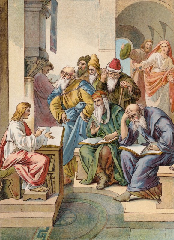 Jesus com os anciãos no Templo (litografia a cores) de Julius (after) Schnorr von Carolsfeld
