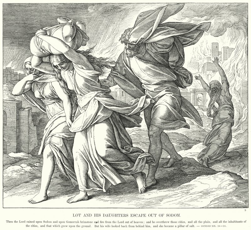 Lot and his Daughters Escape Out of Sodom (gravura) de Julius (after) Schnorr von Carolsfeld