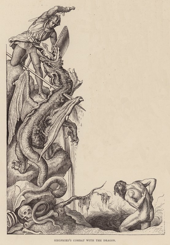 O combate de Siegfried com o dragão (gravura) de Julius (after) Schnorr von Carolsfeld