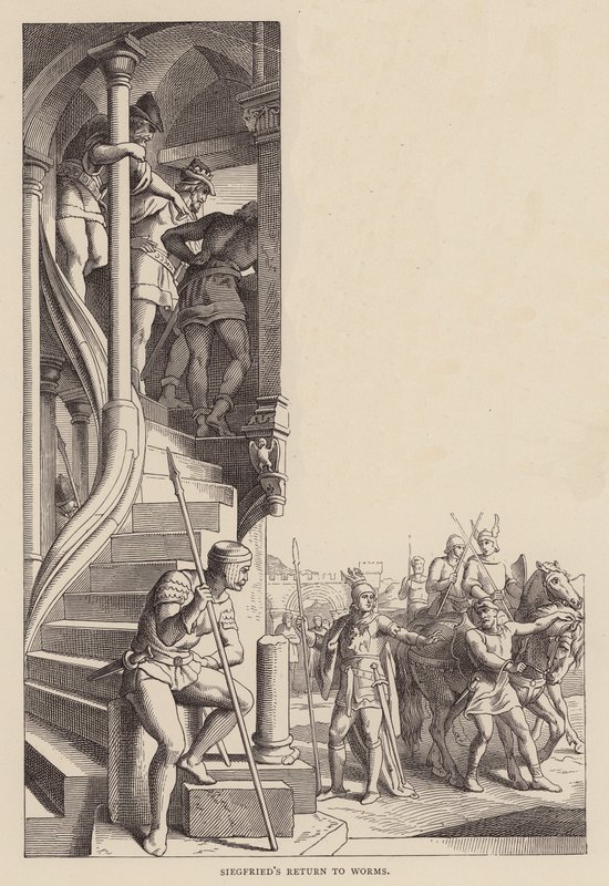 O regresso de Siegfried a Worms (gravura) de Julius (after) Schnorr von Carolsfeld
