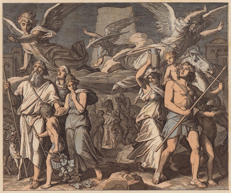 A confusão das línguas, Génesis, XI, 7 (gravura a cores) de Julius (after) Schnorr von Carolsfeld