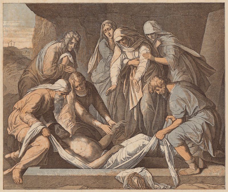 O sepultamento de Cristo, São João, XIX, 41, 42 (gravura colorida) de Julius (after) Schnorr von Carolsfeld