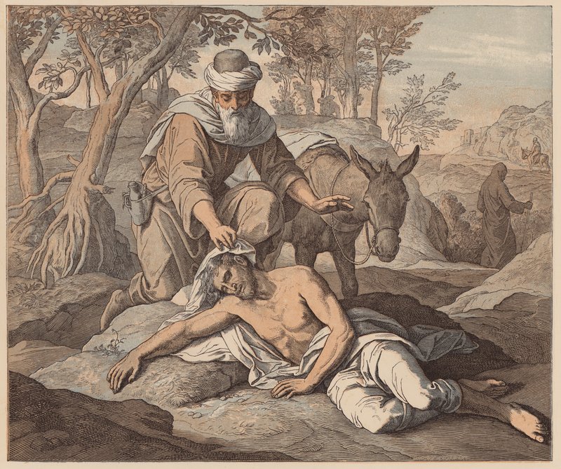 O Bom Samaritano, S. Lucas, X, 33, 34 (gravura a cores) de Julius (after) Schnorr von Carolsfeld