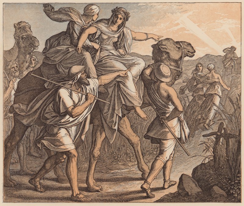 O encontro de Isaac e Rebeca, Génesis, XXIV, 64 (gravura a cores) de Julius (after) Schnorr von Carolsfeld