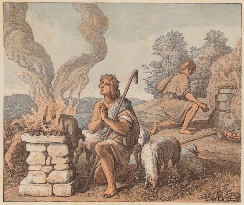 As oferendas de Caim e Abel, Génesis, IV, 3, 4 (gravura a cores) de Julius (after) Schnorr von Carolsfeld