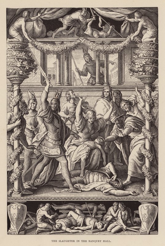 A matança na sala de banquetes (gravura) de Julius (after) Schnorr von Carolsfeld