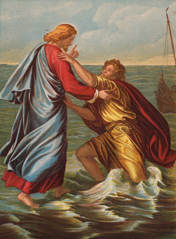 Pedro a caminhar sobre o mar (litografia a cores) de Julius Schnorr von Carolsfeld