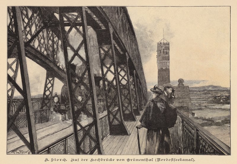 Na ponte alta de Grunental sobre o canal de Kiel, Alemanha (gravura) de Karl Storch