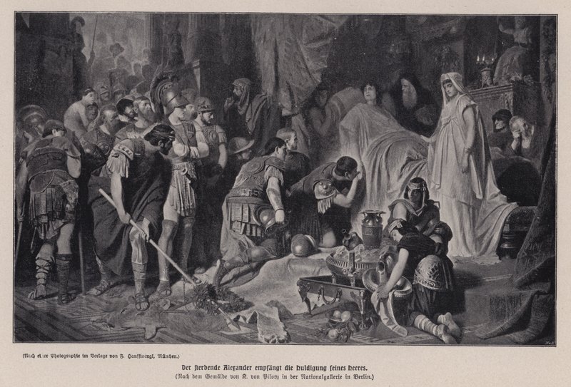 O moribundo Alexandre o Grande recebendo a homenagem do seu exército, Babilónia, 323 AC (litho) de Karl Theodor von Piloty