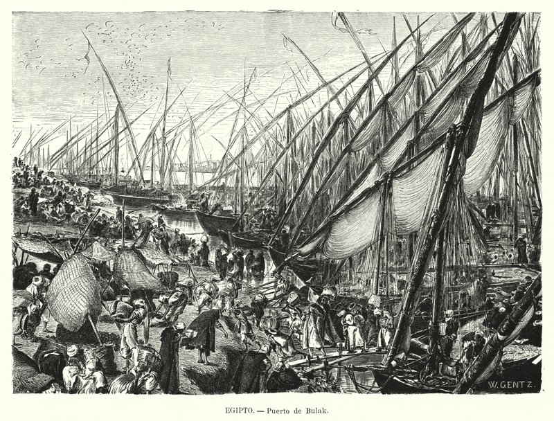 Cais no rio Nilo em Bulaq, Cairo, Egipto (litho) de Karl Wilhelm Gentz