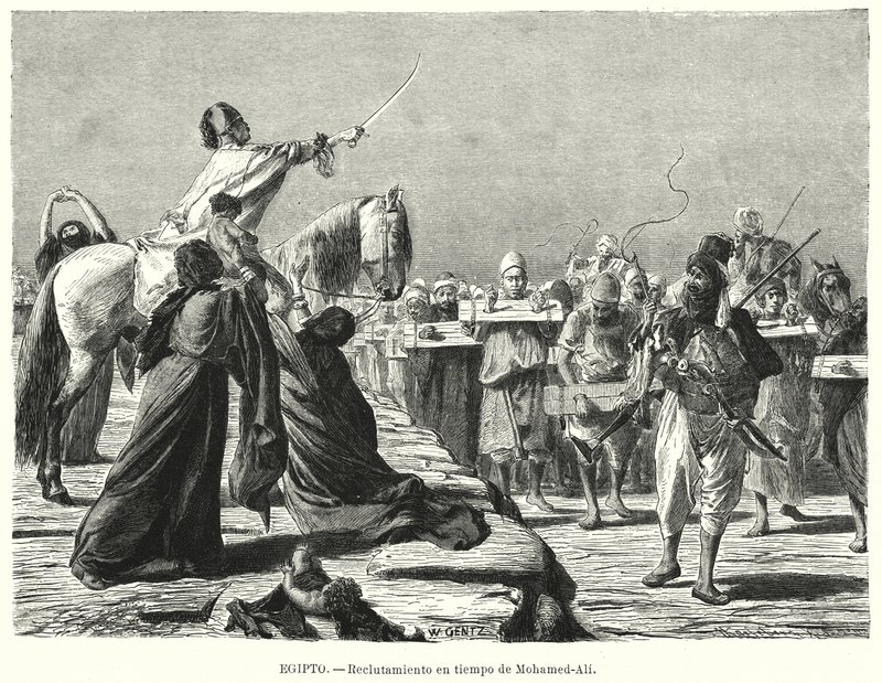 Recrutamento de soldados para o Exército Otomano durante o tempo de Muhammad Ali, Khedive do Egito (litho) de Karl Wilhelm Gentz