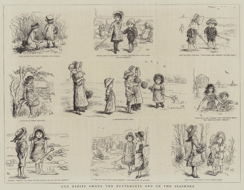 Nossos bebês entre os botões de ouro e no litoral de Kate Greenaway