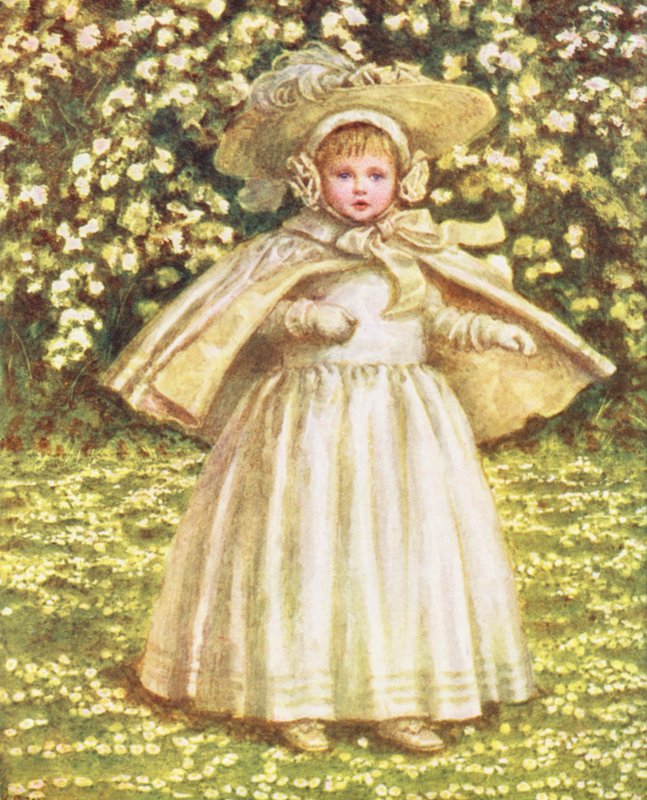 Um bebé de branco (litografia a cores) de Kate (after) Greenaway