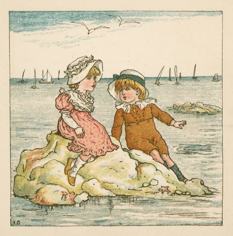 Menino e menina encalhados numa rocha (cor litho) de Kate (after) Greenaway
