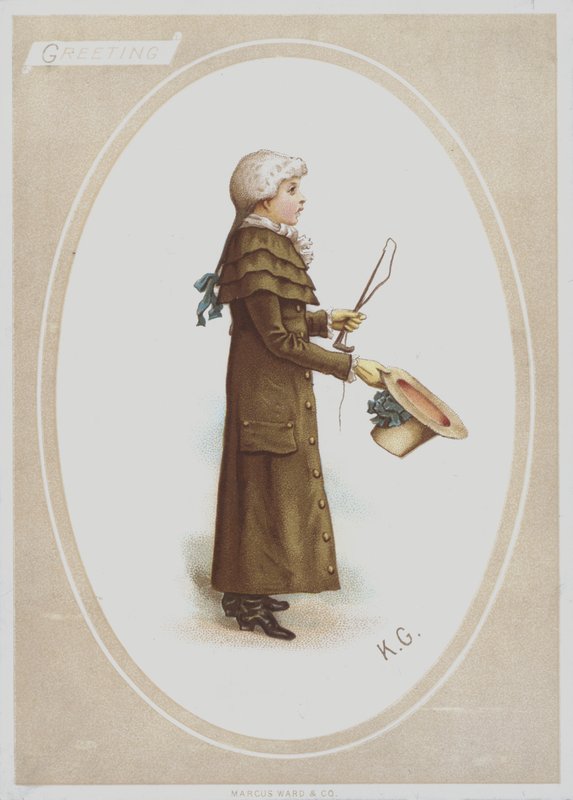 Rapaz de casaco comprido castanho, com peruca, e chapéu e chicote de caça (cor litho) de Kate (after) Greenaway