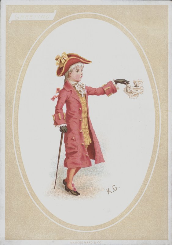 Rapaz de fato vermelho, lenço ondulado (cor litho) de Kate (after) Greenaway