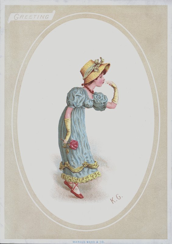 Rapariga de vestido azul, com touca de palha, com rosa (cor litho) de Kate (after) Greenaway
