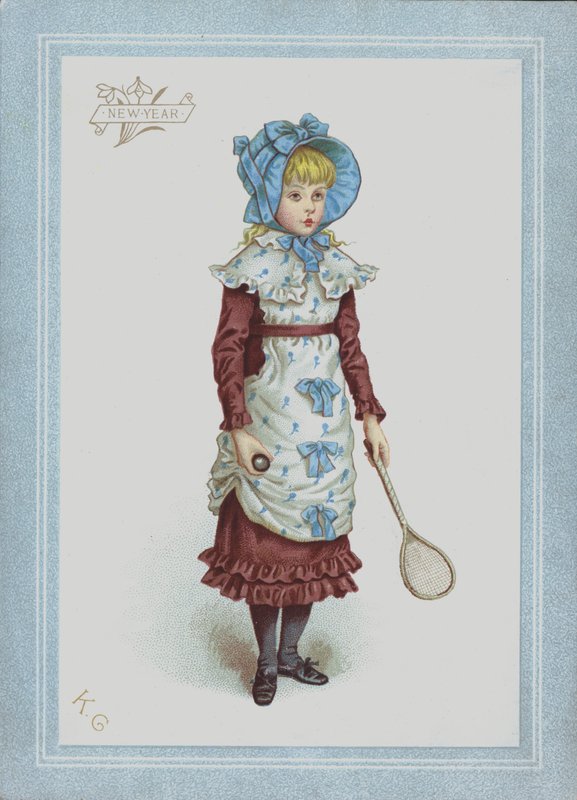 Rapariga de vestido e touca, segurando a peteca e a raquete (cor litho) de Kate (after) Greenaway