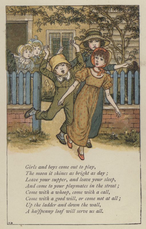 Meninos e meninas saem para brincar (cor litho) de Kate (after) Greenaway