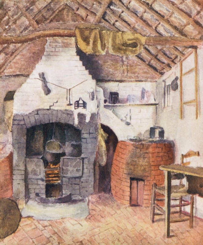 Na casa de campo dos Chappells em Rolleston - A cozinha (litografia a cores) de Kate (after) Greenaway