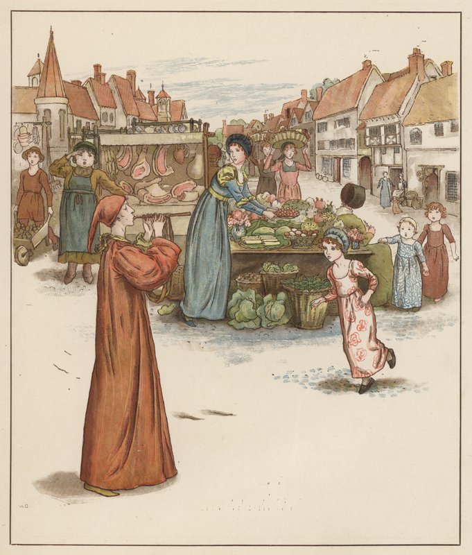 Ilustração de Kate Greenaway para The Pied Piper of Hamelin por Robert Browning (lito colorido) de Kate (after) Greenaway