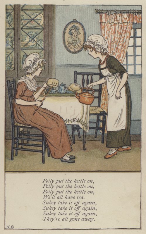 Polly põe a chaleira ao lume (cor litho) de Kate (after) Greenaway