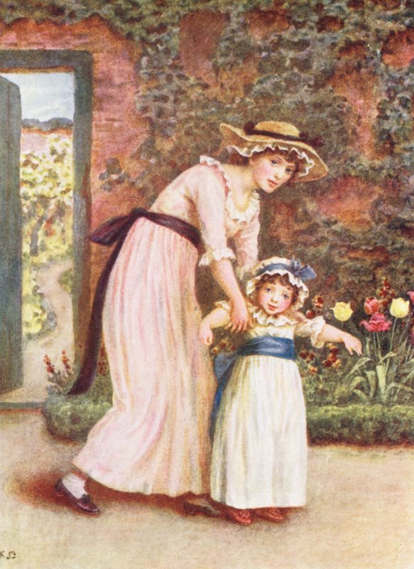Duas raparigas num jardim (litografia a cores) de Kate (after) Greenaway