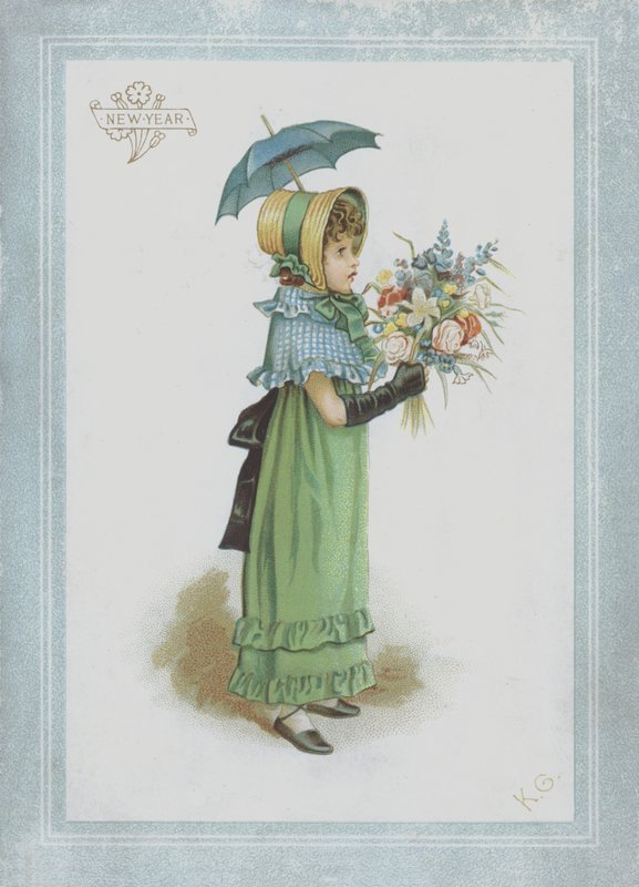 Menina, em, vestido verde, segurando, parasol, e, um, buquê flores de Kate Greenaway