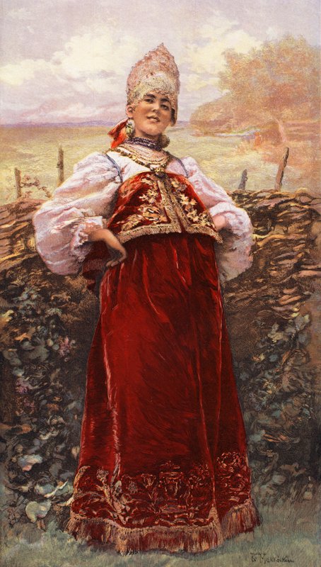 Uma donzela russa (litografia a cores) de Konstantin E Makovskij