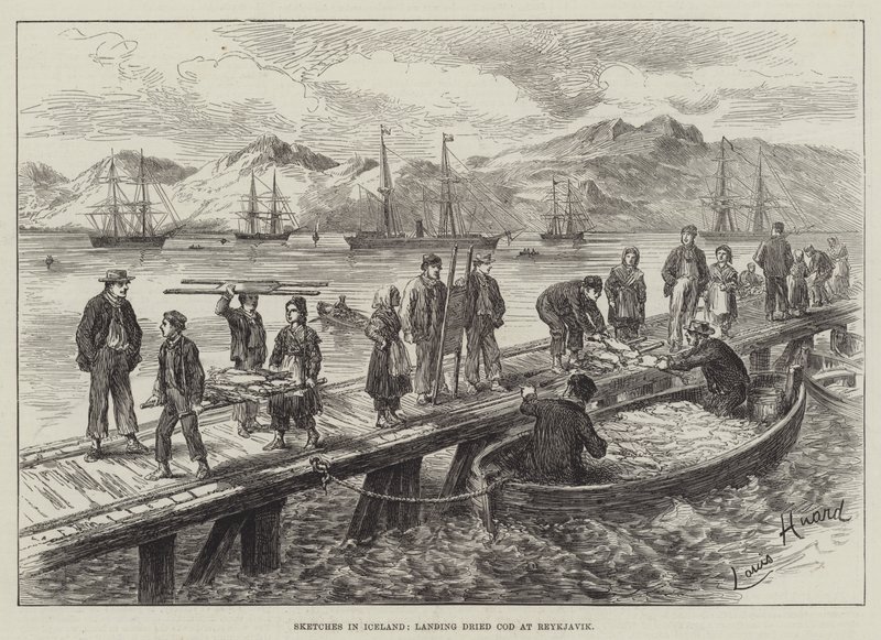 Esboços na Islândia, desembarque bacalhau seco em Reykjavik de L. Huard