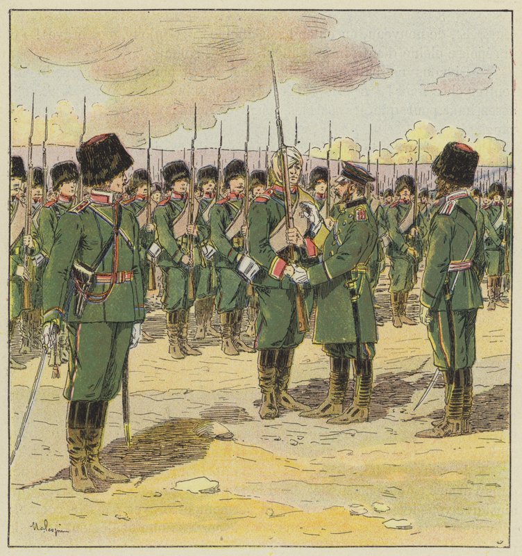 General Kuropatkin revê as tropas depois da Batalha de Kin-Tcheou de L. Malespine