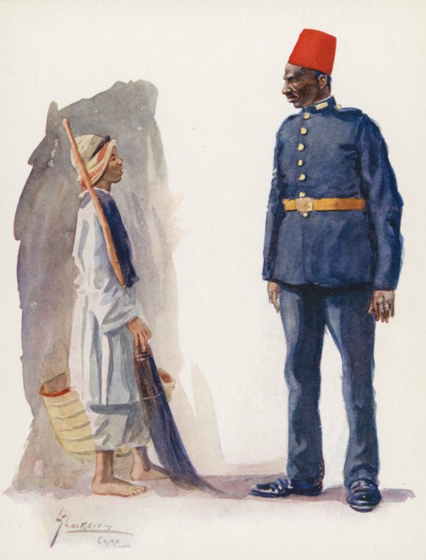 Povo do Egipto: O polícia e o rapaz, Ascari Balis wa waled (litografia a cores) de Lance Thackeray