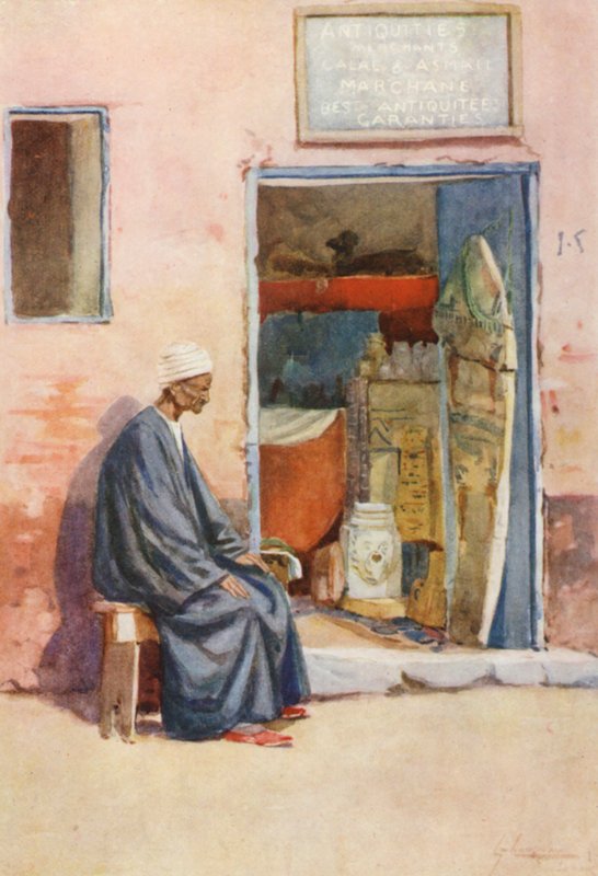 Povo do Egipto: Vendedor de Antiguidades, Baia Antikat (litografia a cores) de Lance Thackeray