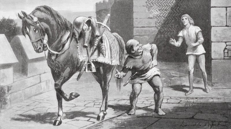 A sua mãe enviou a Gareth um belo cavalo e uma bela armadura (litografia) de Lancelot Speed