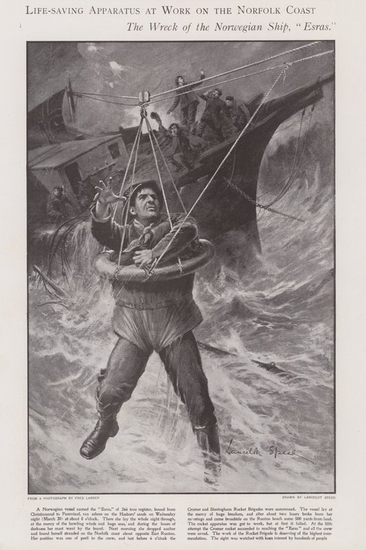 Aparelho salva-vidas em funcionamento na costa de Norfolk (litho) de Lancelot Speed