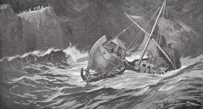 O navio de madeira foi apanhado por uma tempestade e os monges foram em seu auxílio em pequenos barcos (litografia) de Lancelot Speed