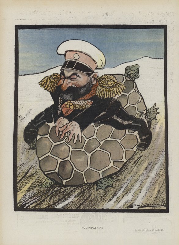 Aleksey Kuropatkin, Ministro da Guerra russo. Ilustração para Le Rire (cor litho) de Leal de Camara