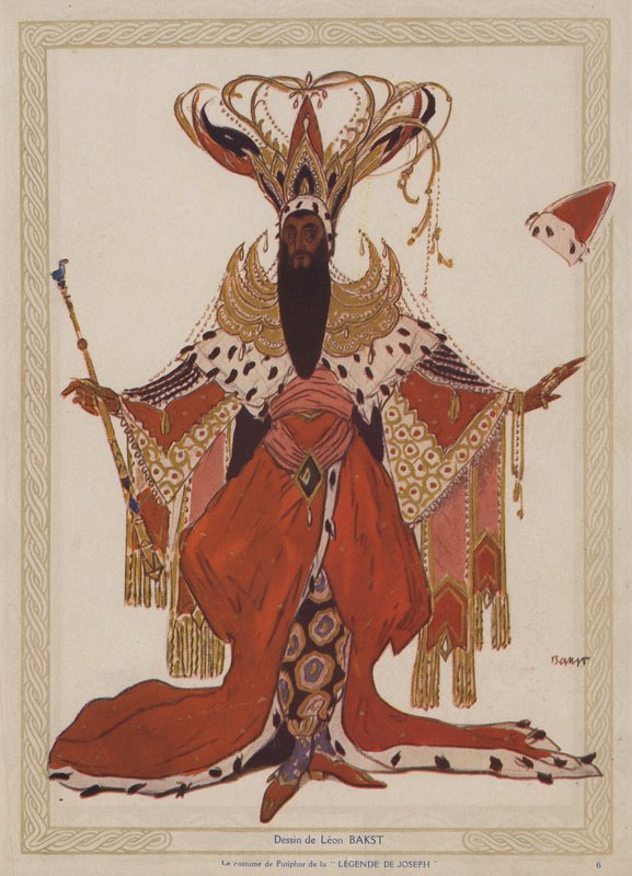 Desenho de fantasia de Leon Bakst para Potiphar numa produção de Ballets Russes do ballet Josephslegende de Richard Strauss (cor litho) de Leon (after) Bakst