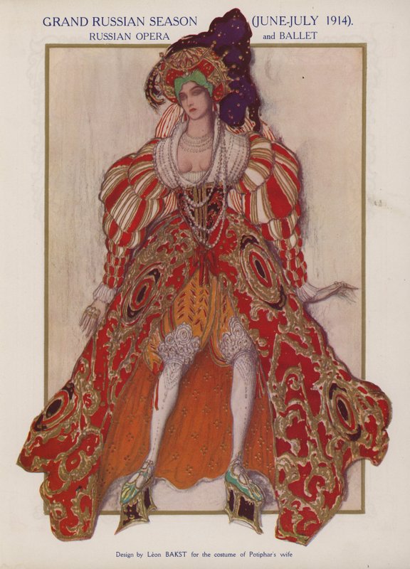 Figurinos de Leon Bakst para a esposa de Potifar em uma produção de Ballets Russes do balé Josephslegende de Richard Strauss (lito colorido) de Leon (after) Bakst